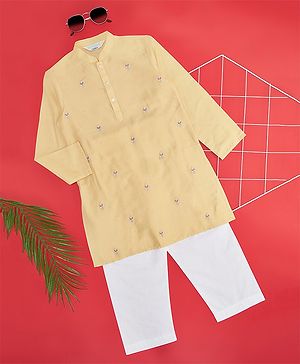 Indus Route by Pantaloons Full Sleeves Ethnic Motifs Embroidered Kurta Pyjama Set - Mustard