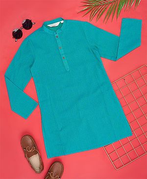 Indus Route by Pantaloons Cotton Full Sleeves Textured Kurta - Teal Blue