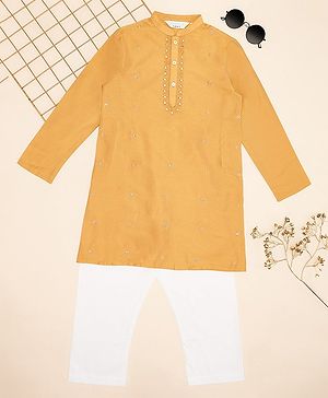 Indus Route by Pantaloons Full Sleeves Floral Embroidered Kurta Pyjama Set - Mustard