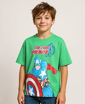 Pine Kids Marvel Single Jersey Knit Half Drop Shoulder Sleeves Oversized T-Shirt with Captain America Graphics - Green