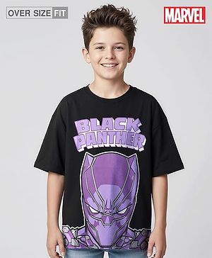 Pine Kids Marvel Single Jersey Knit Oversized Half Sleeves Drop Shoulder T-Shirt With Avengers Black Panther Graphics And Badge Detailing - Black
