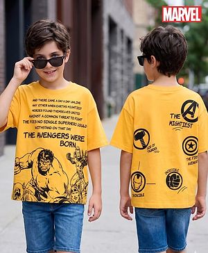 Pine Kids Marvel  Single Jersey Knit Oversized Half Sleeves Drop Shoulder T-Shirt With Front And Back Avengers Graphics - Yellow