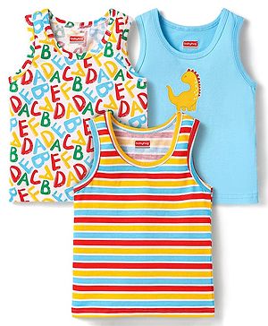 Babyhug 100% Cotton Knit Sleeveless Alphabet & Dino Printed Sando Vests Pack of 3 - Light Blue White & Red
