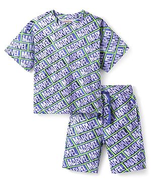 Pine Kids Marvel  Single Jersey Knit Half Sleeves Co-Ord  Oversized Drop Shoulder And Shorts Night Suit With Avengers Print - Blue