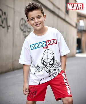 Pine Kids Marvel Single Jersey Knit Half Drop Shoulder Sleeves Oversized T-Shirt & Shorts Set With Spider- Man Graphics - White & Red