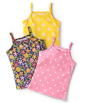 Babyhug 100% Cotton Single Jersey Knit Sleeveless Slips With Floral & Polka Dot Print Pack Of 3 - Pink Yellow & Navy Blue