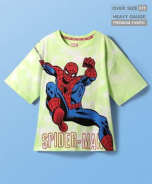 Pine Kids Marvel Single Jersey Knit Half Drop Shoulder Sleeves Oversized Tie & Dye T-Shirt with Spider Man Graphics - Light Green