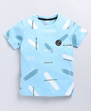 giniekids Cotton Half Sleeves Be Positive Text Printed Tee - Ice Blue