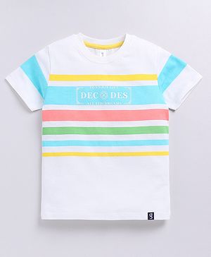 giniekids Cotton Half Sleeves Striped & Typography Printed Tee - Multi Colour