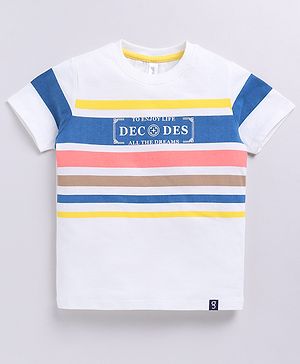 giniekids Cotton Half Sleeves Striped & Typography Printed Tee - Blue