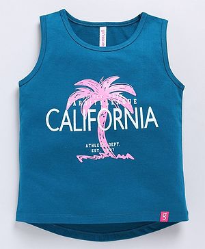 giniekids Cotton Blend Sleeveless California Text Printed Vest - Teal Green