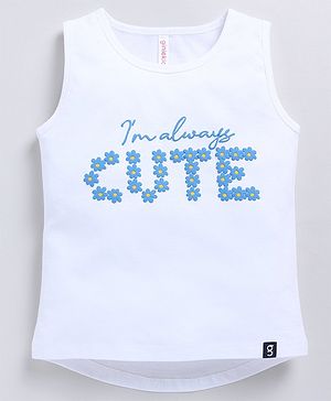 giniekids Cotton Blend Sleeveless Cute Text Printed Floral Embellished Vest - Off White