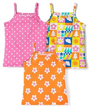 Babyhug 100% Cotton Single Jersey Knit Slips With Polka Dots & Floral Print Pack Of 3 - Pink Orange & Yellow