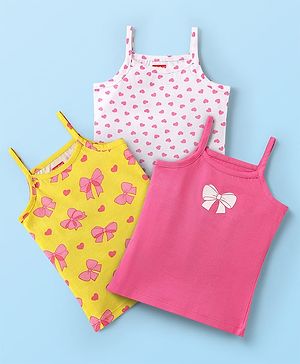 Babyhug 100% Cotton Single Jersey Knit Sleeveless Slips With Heart & Bow Print Pack Of 3 - Pink & Yellow