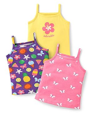 Babyhug 100% Cotton Single Jersey Knit Sleeveless Slips With Floral & Butterfly Print Pack Of 3 - Pink Blue & Yellow