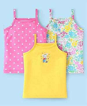 Babyhug 100% Cotton Single Jersey Knit Sleeveless Slips With Polka Dots & Floral Print Pack Of 3 - Pink Yellow & White