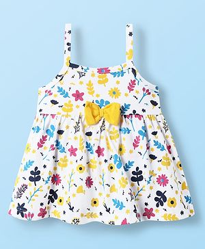 Babyhug 100% Cotton Single Jersey Knit Sleeveless Frock Floral Print & Bow Applique - White