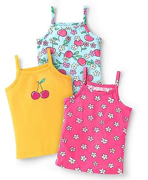 Babyhug 100% Cotton Single Jersey Knit Sleeveless Slips With Floral & Apple Print Pack Of 3 - Pink Light Blue & Yellow
