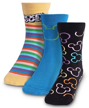 Cute Walk by Babyhug Knit Antibacterial Socks With Mickey Mouse Graphics Pack Of 3 - Blue Black & Yellow