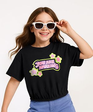 Pine Kids Cotton Knit Half Sleeves Top with Text Print - Black