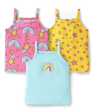 Babyhug 100% Cotton Single Jersey Knit Slips With Star & Rainbow Print Pack Of 3 - Light Blue Pink & Yellow