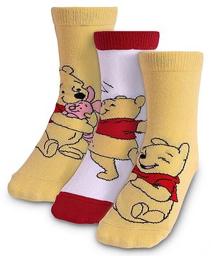 Cute Walk By Babyhug Knit Antibacterial Socks With Winnie The Pooh Graphics Pack Of 3 - Yellow & White