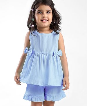 Babyhug Cotton Woven Sleeveless Solid Top & Shorts Set With Bow Applique & Frill Detailing - Light Blue