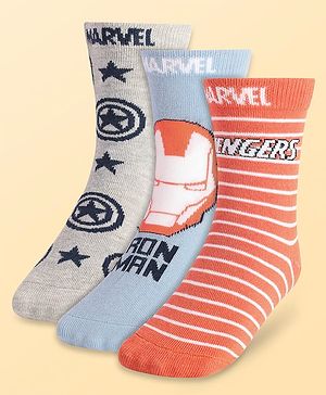 Pine Kids Marvel Knit Antibacterial Socks With Stripes & Avengers Graphics Pack Of 3 - Orange Light Blue & Grey