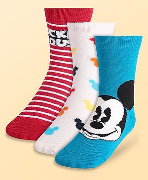 Pine Kids Disney Knit Antibacterial Socks With Stripes & Mickey Mouse Graphics Pack Of 3 - Red Light Blue & White