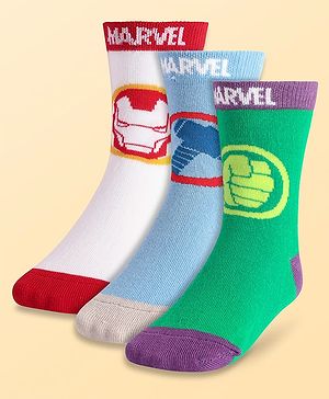 Pine Kids Marvel Knit Antibacterial Socks With Avengers Graphics Pack Of 3 - Green Light Blue & White