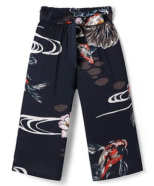 CrayonFlakes Rayon Ocean & Floral Printed Belted Palazzo - Navy Blue