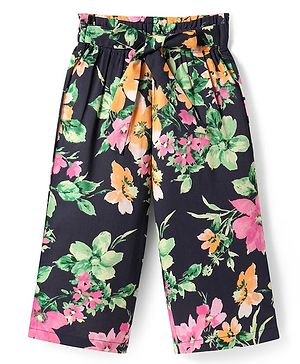 CrayonFlakes Cotton Floral Printed Belted Palazzo - Navy Blue