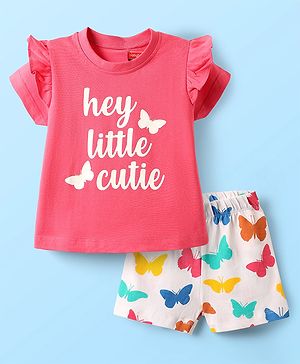 Babyhug Cotton Knit Half Sleeves Night Suit With Butterfly Print & Frill Detailing - Pink