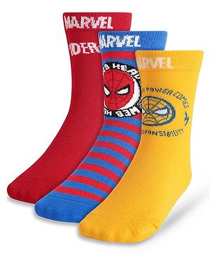 Pine Kids Knit Antibacterial Socks With Spider Man Graphics Pack Of 3 - Red Yellow & Blue