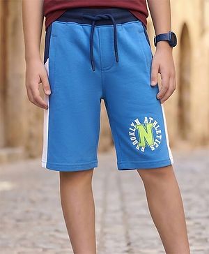 Pine Kids Looper Knit Knee Length Cut & Sew Shorts with Text Print - Blue