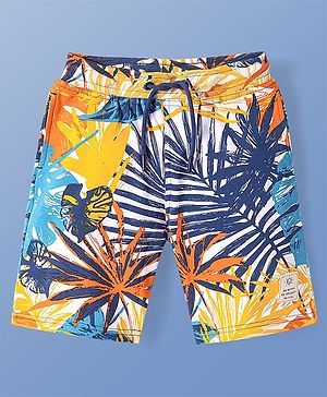 Pine Kids Looper Knit Above Knee Length Shorts with Tropical Print - Blue & Yellow