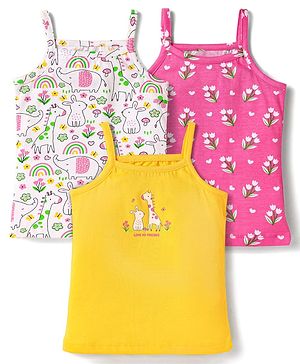 Babyhug 100% Cotton Knit Singlet Sleeves Animal & Floral Printed Slips Pack of 3 - Yellow White & Pink