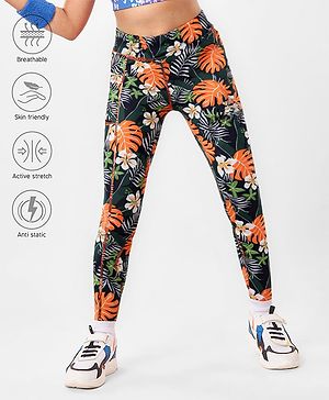 Pine Active Full Length Super Stretch Leggings with Floral Print  - Black & Dark Green