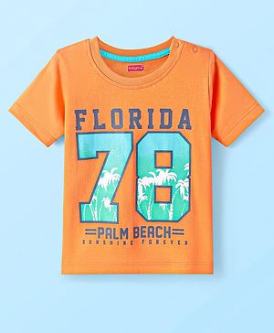 Babyhug Cotton Knit Half Sleeves T-Shirt with Beach Theme Print - Orange