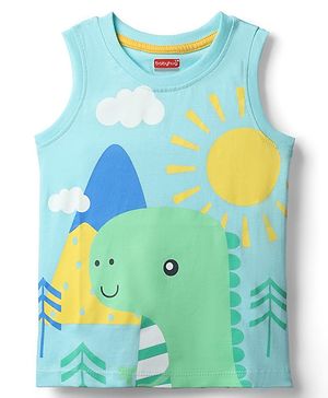 Babyhug Cotton Knit Sleeveless Tank T-Shirt With Dino Print - Light Blue