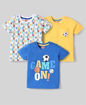 Babyhug Cotton Knit Half Sleeves T-Shirts with Sports Theme Print Pack of 3 - Blue Yellow & White