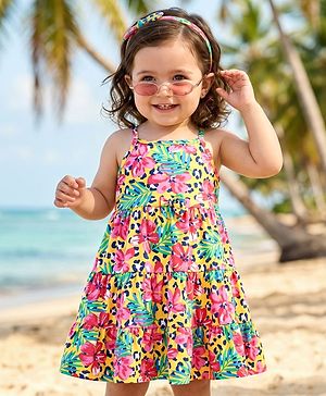 Babyhug Single Jersey Knit Sleeveless Frock with Floral Print - Yellow  Pink & Green