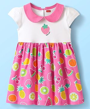 Babyhug Single Jersey Knit Cap Sleeves Peter Pan Collared Frock with Fruits Print - Dark Pink