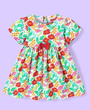 Babyhug Single Jersey Knit Half Sleeves Dress With Floral Print & Bow Applique - White