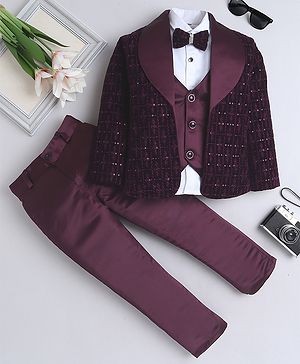 Fourfolds Velvet Full Sleeves Sequins Embellished 3 Piece Part Suit Set - Wine