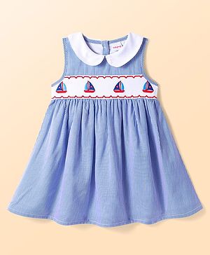 Babyhug Cotton Woven Sleeveless Peter Pan Collared Frock with Stripes & Ship Embroidery - Blue
