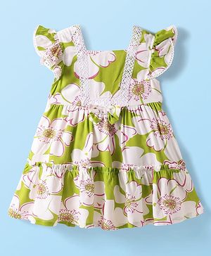 Babyhug Single Jersey Knit Frill Sleeves Dress With Floral Print & Lace Detailing - Green