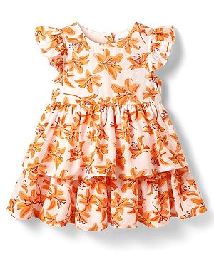 Babyhug Cotton Knit Frill Sleeves Frock With Floral Print - Orange