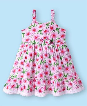 Babyhug Cotton Knit Sleeveless Frock with Floral Print & Bow Applique - Pink & Green