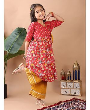 Kinder Kids Cotton Three Fourth Sleeves Floral Printed Angrakha Style Kurta With Palazzo Set - Red & Yellow
